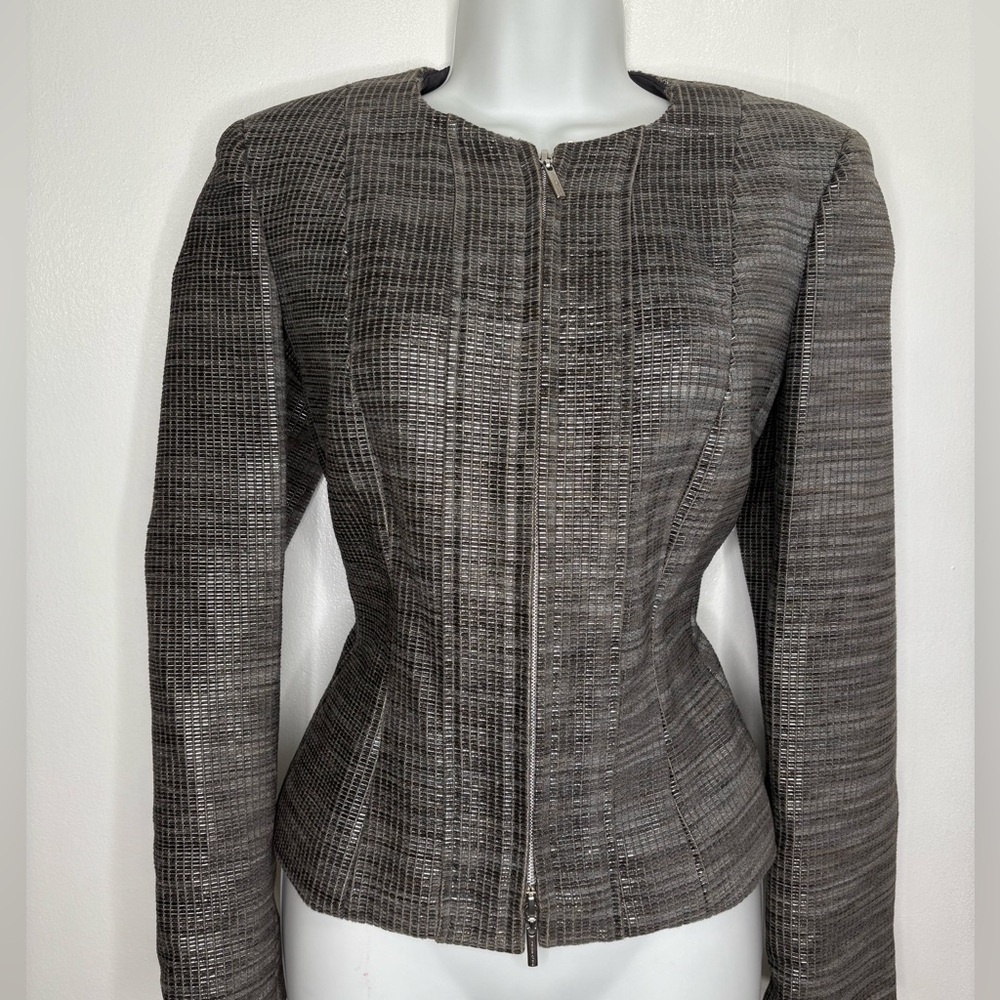 Versace Textured Silver Metallic Velvet Brocade Zipper Eve Jacket 42 6 Couture